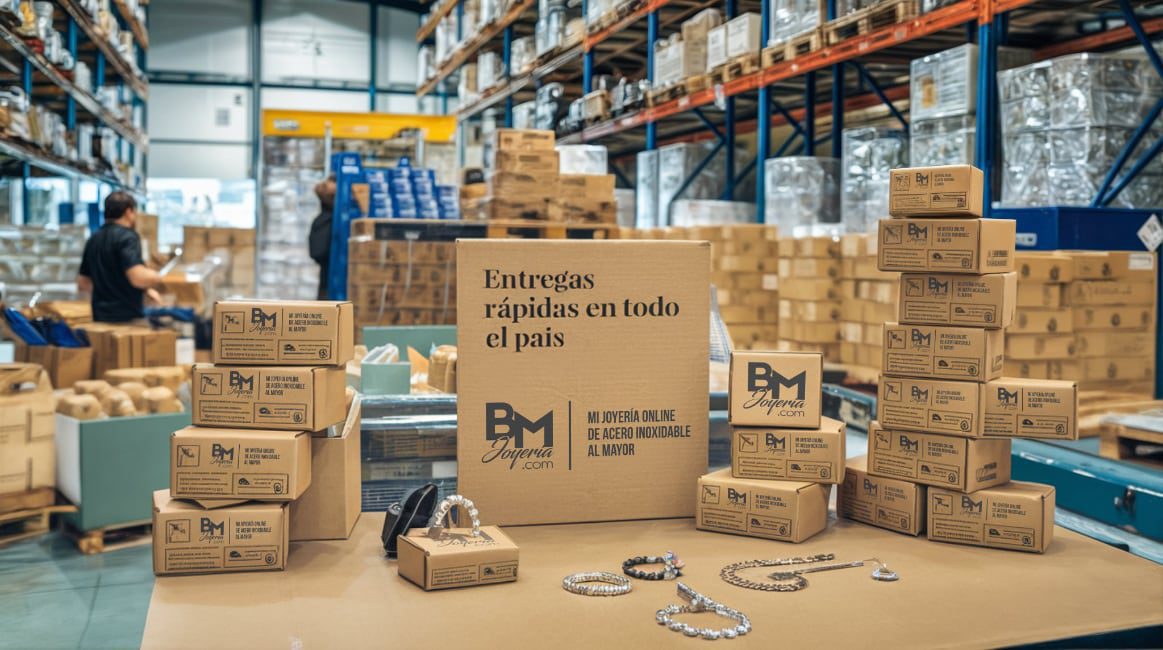 Pilas de cajas y paquetes de la marca BM Joyería, con el mensaje "Entregas Rápidas en Todo el País" prominente.