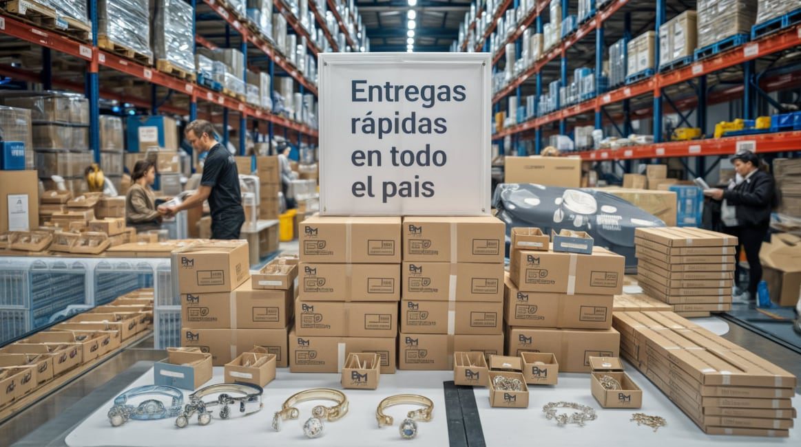 Almacén de BM Joyería con pilas de cajas y paquetes, destacando el mensaje "Entregas Rápidas en Todo el País