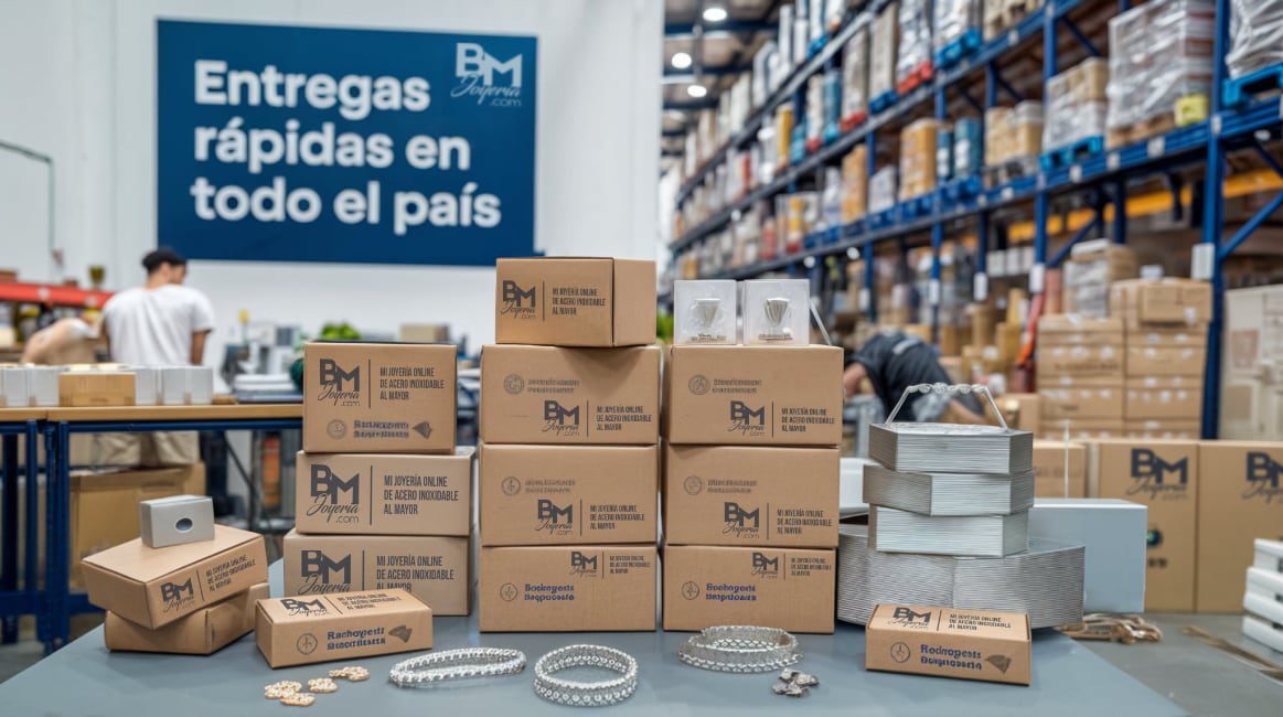 Almacén de BM Joyería lleno de cajas y paquetes listos para su envío, con el mensaje "Entregas Rápidas en Todo el País" en un cartel destacado.