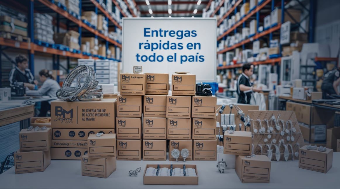 Pila ordenada de cajas y paquetes listos para despachar, con el mensaje "Entregas Rápidas a Todo el País" destacado.